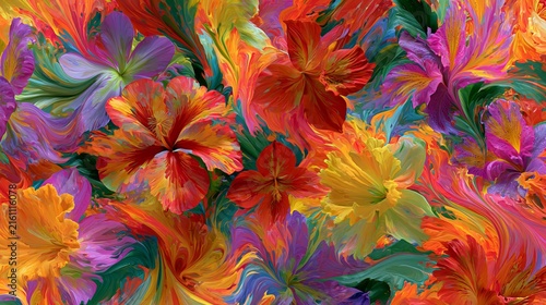 Exploding kaleidoscope of tropical flowers dissolving into vivid pigment waves, creating a saturated psychedelic botanical abstract background.