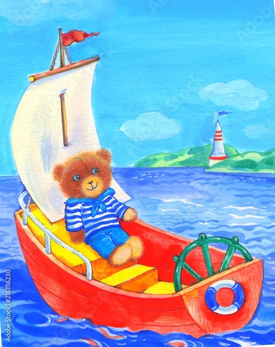 Cartoon boat on the sea and teddy