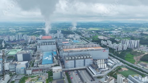 Aerial Drone View of Advanced Semiconductor Chip Manufacturing Plant and Industrial Complex in Icheon, South Korea