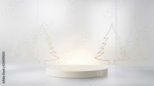 Elegant empty round podium display with golden christmas tree line art decorations