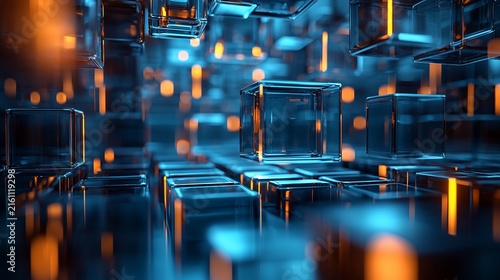 Abstract glowing cubes, digital art, futuristic background, tech concept