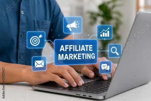 Hands typing on laptop with affiliate marketing holographic interface