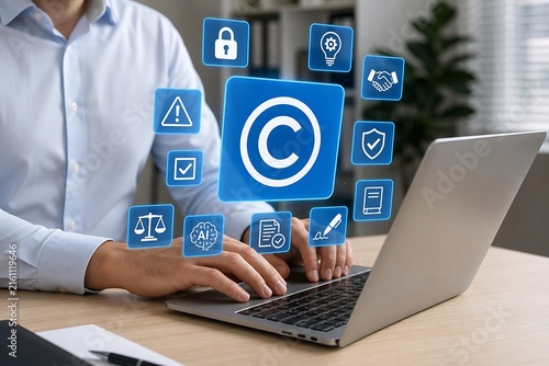 Hands typing on laptop with copyright and security icons floating above