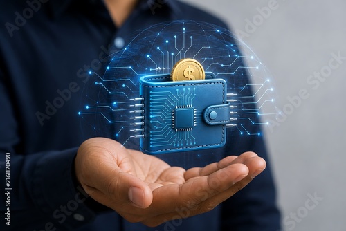Hand holding glowing digital safe with gold coin and circuit patterns