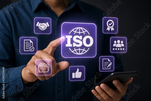 Hand interacts with iso certification icons on digital interface