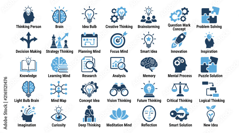 Fototapeta premium Set of 30 flat vector icons representing cognitive processes and thinking