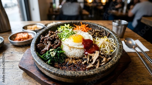 Colorful food bowl with rice meat vegetables and egg overhead view