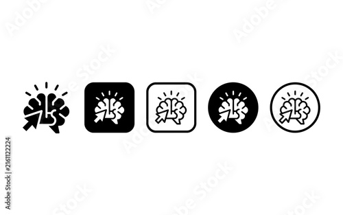 Black and white AI brain icons with lightning bolt and gears for tech innovation and automation