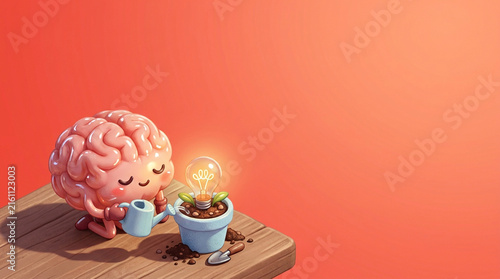 Brain Character Watering a Lightbulb Plant for Creative Growth Ideas