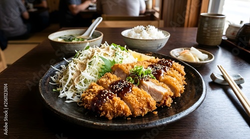 Crispy pork cutlet meal with rice and soup