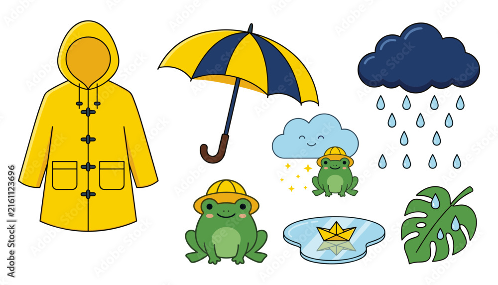 Fototapeta premium Cute Rainy Day Vector Element Set with Yellow Raincoat Umbrella Cute Frog Characters Monstera Leaf Storm Cloud and Paper Boat for Kids Monsoon Graphic Designs