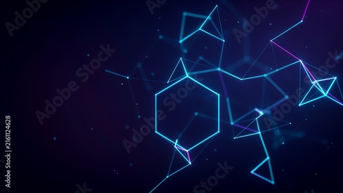 An abstract network of interconnected lines and geometric shapes, primarily blue and purple, with small glowing dots, creating a complex digital