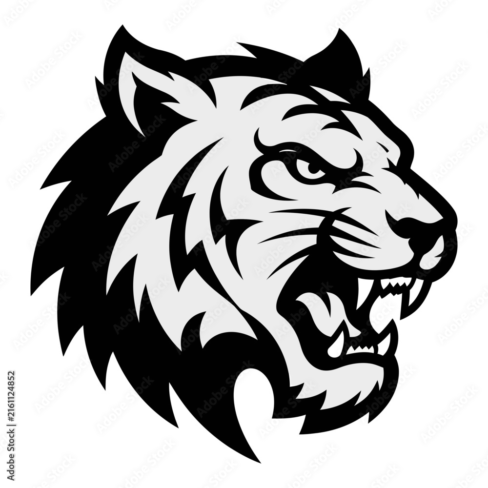 Obraz premium Fierce tiger head illustration with open mouth and sharp teeth in black and white