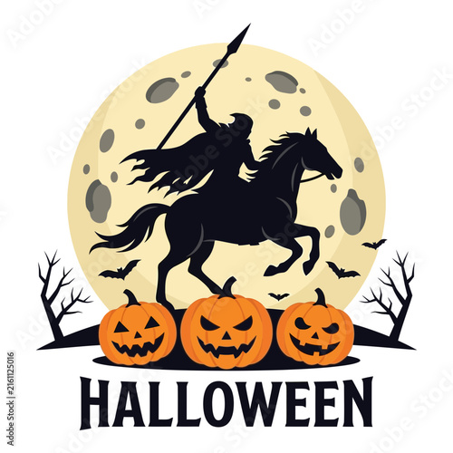 Witch Riding Horse Silhouette With Pumpkins And Moon