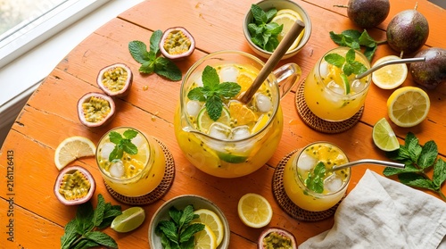 Refreshing tropical fruit beverage with ice and mint on wooden table