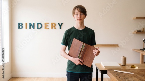 Bindery apprentice with handmade leather book in medium shot
