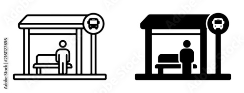 Obraz na plátně Bus Stop Icons, Public Transport Shelter, Waiting Passenger, Urban Transit Symbo