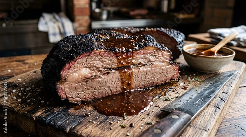 Smoked beef brisket with glaze on wooden board