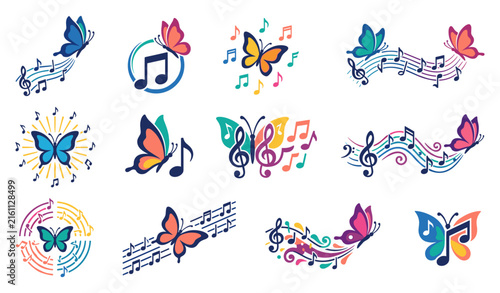 Musical butterfly vector illustration collection featuring colorful music note icons and melodic treble clef flying insect graphic design elements bundle