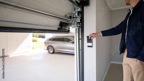 Homeowner Operating Wall Control Panel for Malfunctioning Automatic Garage Door