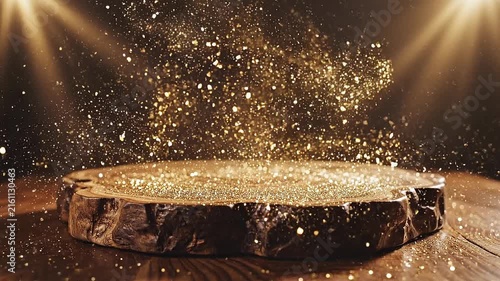 Golden glitter particles sparkling over rustic wooden slab with warm light background