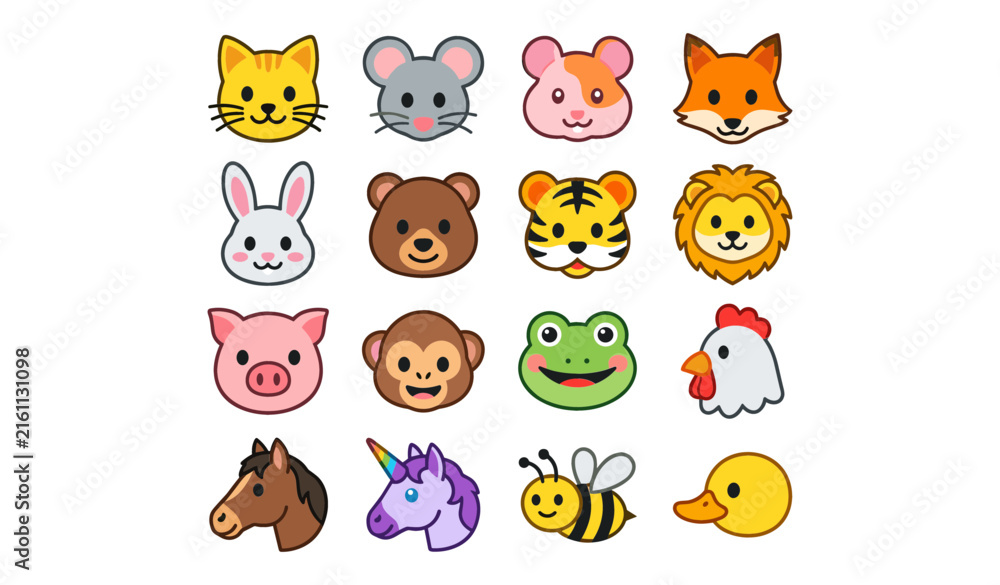 Fototapeta premium Cute Animal Faces Icon Set with Colored Flat Avatars of Wild and Domestic Pets for Kids Content Designs