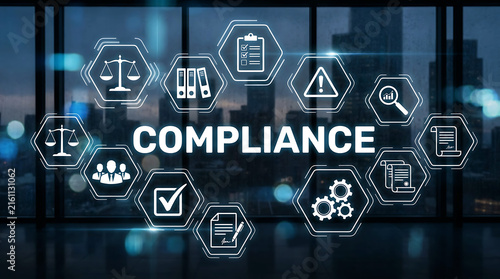 Corporate compliance concept with digital icons and city background view