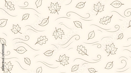 Minimalist line-art pattern of falling leaf silhouettes with thin curved wind-swirl lines,
