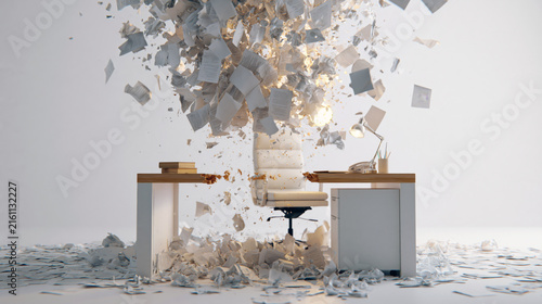 Floating office desk breaking into separate fragments in an empty white space, symbolizing unstable work, disorder and professional uncertainty