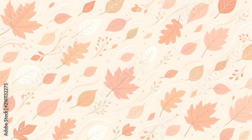 Pastel autumn pattern with soft peach and cream toned leaves gently swirling in a