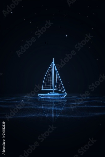 Neon wireframe sailboat on dark water under starry sky