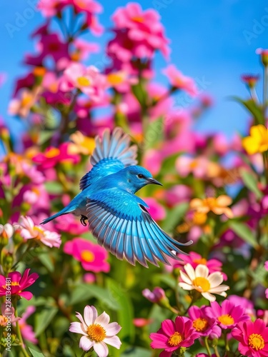 Bright blue bird takes flight amidst blooming flowers, ||spring, sunshine