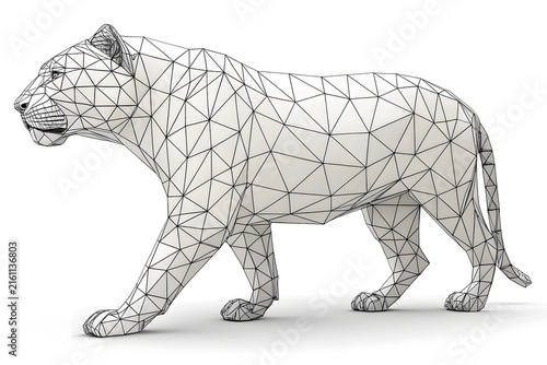 Tapety artystyczne Low-poly wireframe lion walking on plain surface