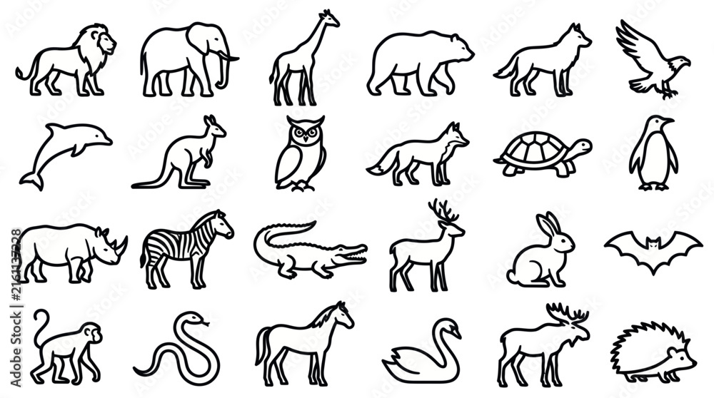 Naklejka premium Set of animal line icons featuring various species