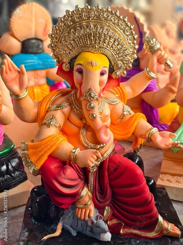Canvas Print Photograph of Lord ganapati Idol, Ganesha or Ganapati for sale at a shop on the event of Ganesh festival in India, Pune, Maharashtra