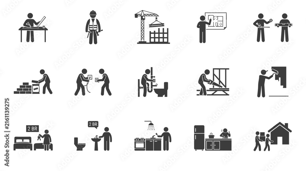 Fototapeta premium House construction process and finishing icons