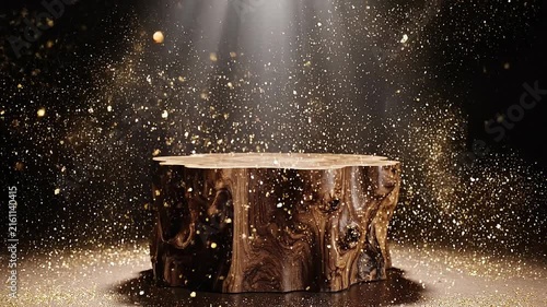 Wooden tree stump with magical golden dust particles sparkling in dark background illuminated by light
