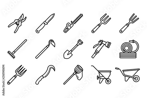 Collection of gardening tools in a simple line art style on a white background