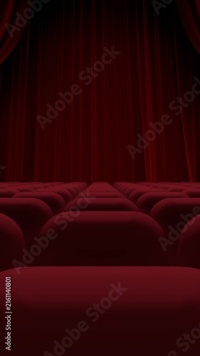 Animation of red curtain opening in theater