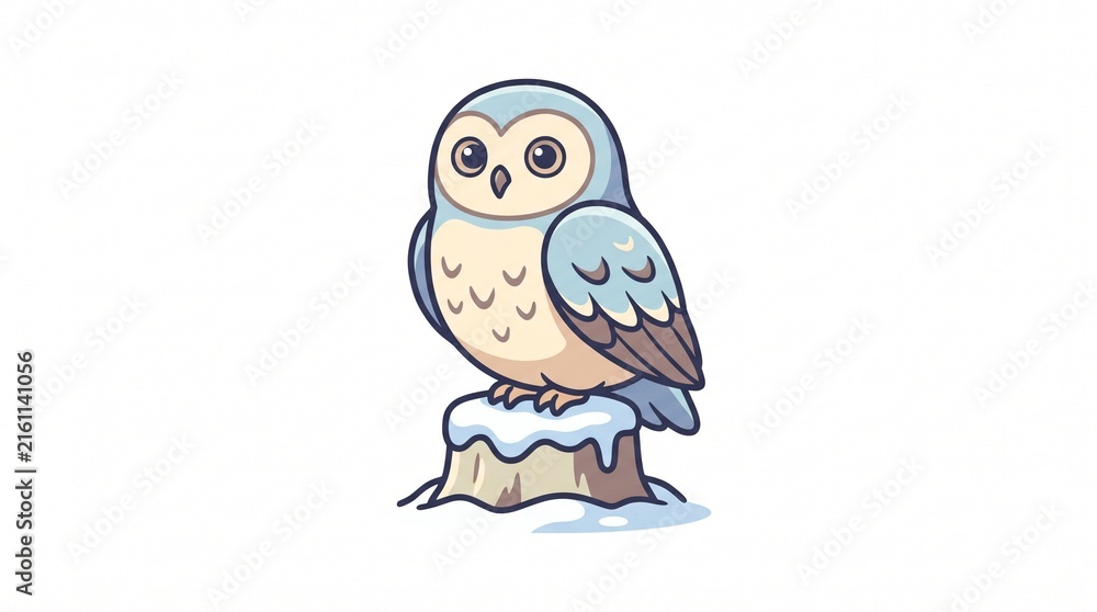 Obraz premium Cute snowy owl perched on a winter tree stump in a flat minimalist style