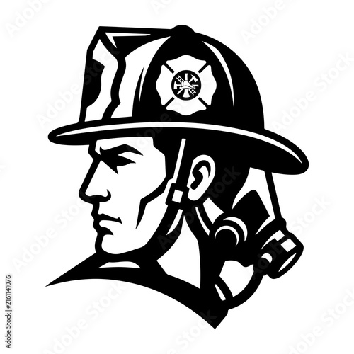 Heroic firefighter head illustration wearing rescue helmet and oxygen mask for safety training or firefighting industry branding.