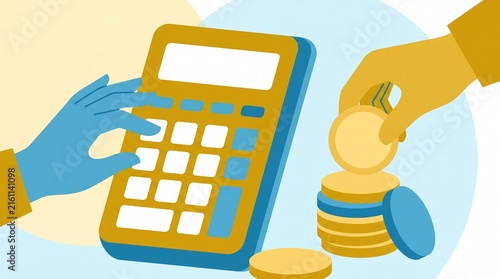 Financial expert calculating expenses and stacking coins for savings planning