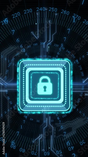 Animation of digital data processing and security padlock over black background