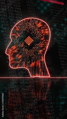 Animation of integrated circuit over head profile and integrated circuit on black background