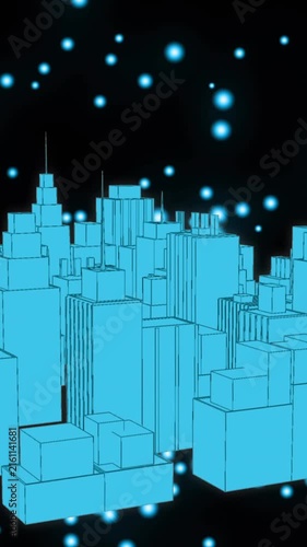 Blue glowing spots moving and 3D city model against black background
