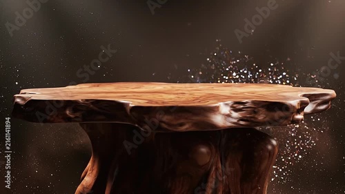 Rustic wooden round table with natural texture surrounded by floating dust particles in warm lighting