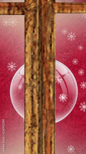 Animation of christmas bauble with snow falling and christmas decorations on red background