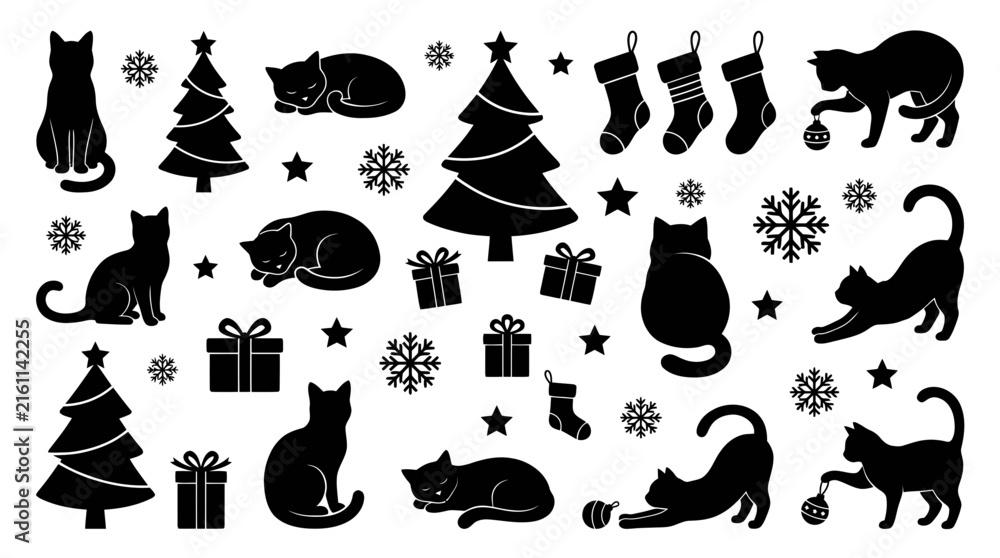 Fototapeta premium Black Christmas cat and holiday festive silhouettes set.