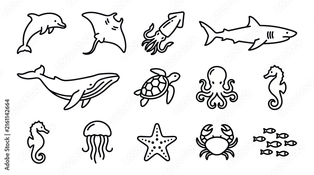 Obraz premium Marine animal and sea life line art icons.