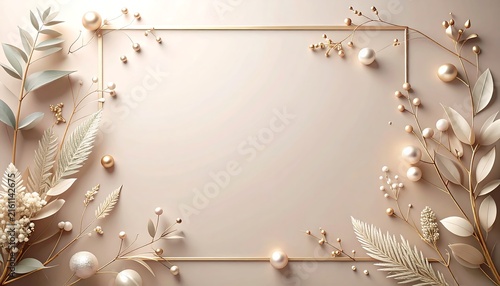 Elegant gold frame background with cream leaves pearls and branches for wedding invitation or greeting card template